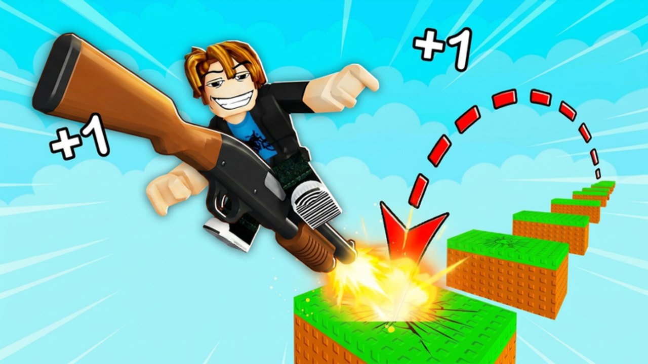 Roblox avatar riding a shotgun blast across cracked grass platforms in Gun Escape