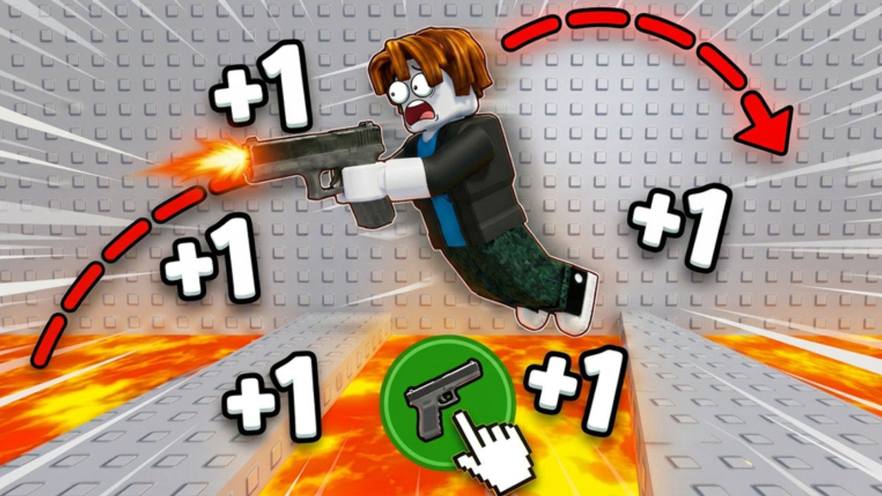 Gun Escape lava corridor with the green fire-button HUD and knockback arc